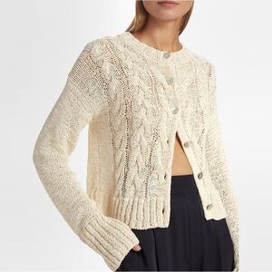 Vince Open Stitch Cable Knit Cardigan Round Neck Button Front Sweater Cream XS